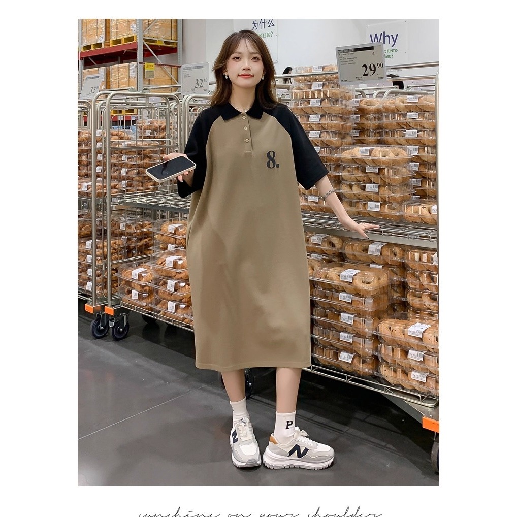 Đầm nữ Váy thun polo cộc tay dáng dài hình in 2 mặt phối màu raglan  form rộng cổ bẻ số 8 nâu trắng suông bigsize T1266G