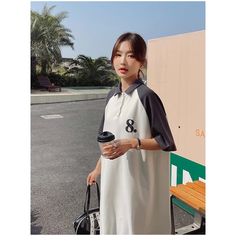 Đầm nữ Váy thun polo cộc tay dáng dài hình in 2 mặt phối màu raglan  form rộng cổ bẻ số 8 nâu trắng suông bigsize T1266G