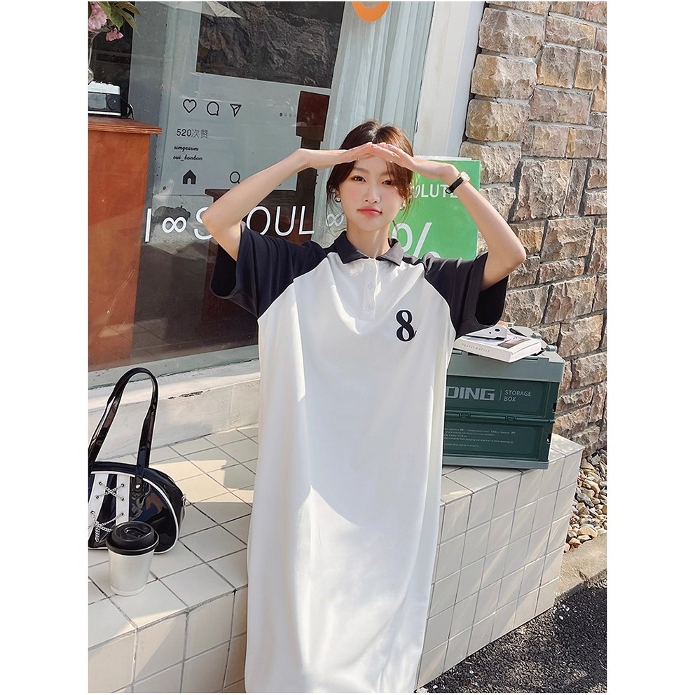 Đầm nữ Váy thun polo cộc tay dáng dài hình in 2 mặt phối màu raglan  form rộng cổ bẻ số 8 nâu trắng suông bigsize T1266G