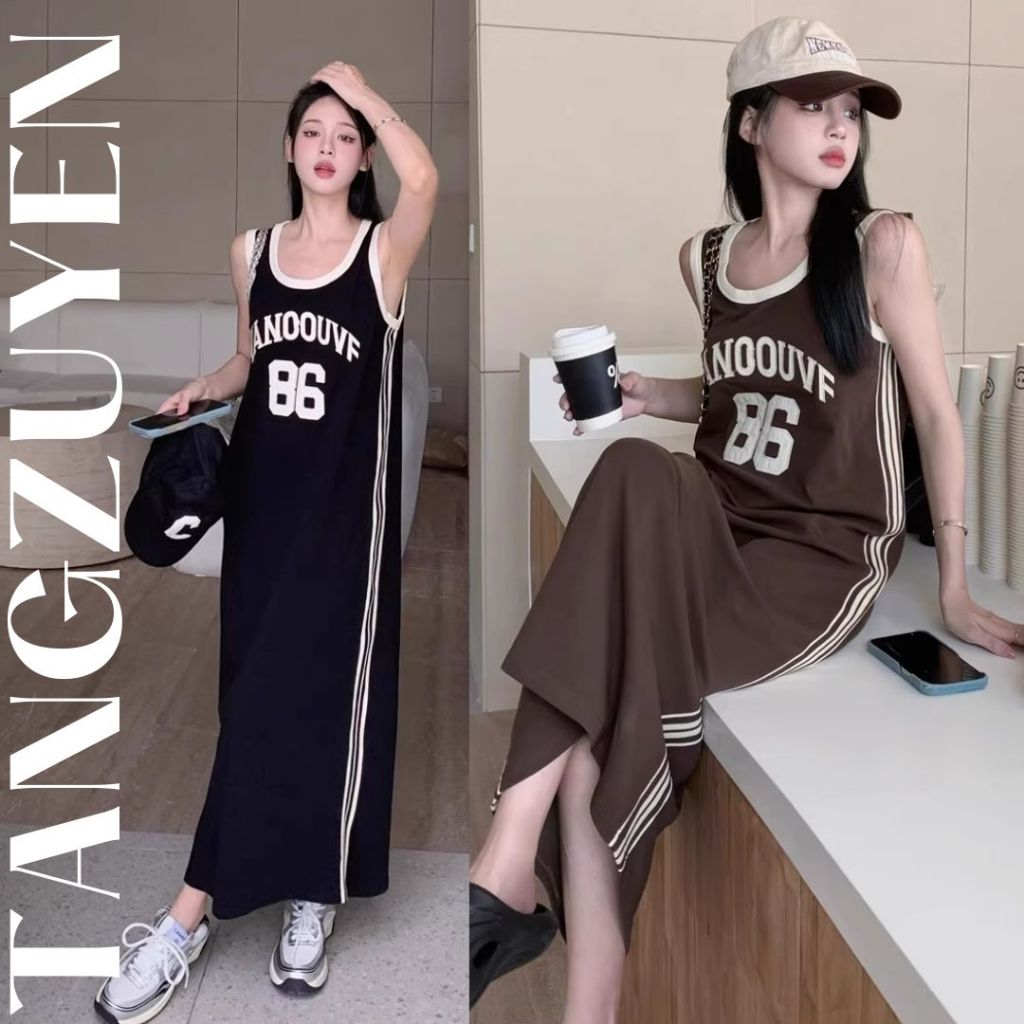 Đầm suông 2 dây chất cotton bóng rổ số 86 xinh trẻ trung Váy ba lỗ số phối sọc viền  thể thao dáng dài form rộng T1258G