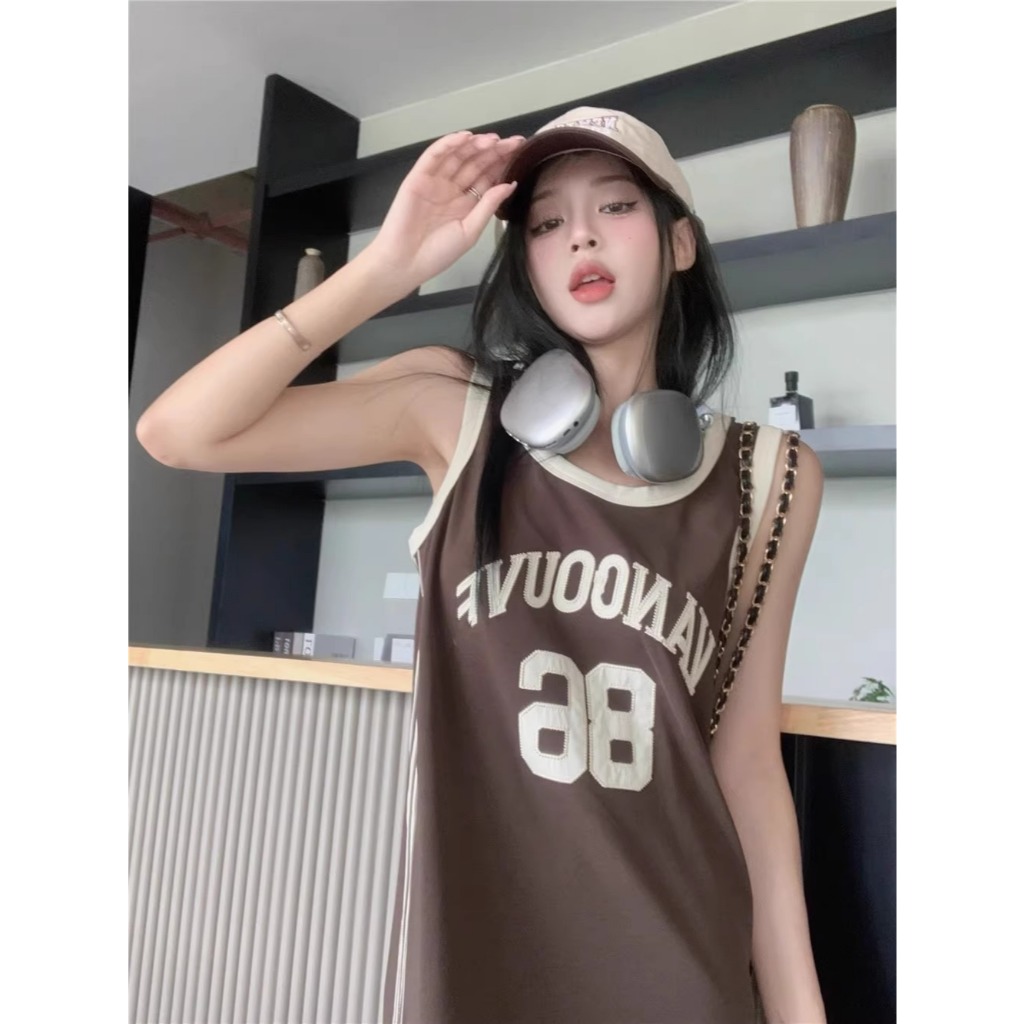 Đầm suông 2 dây chất cotton bóng rổ số 86 xinh trẻ trung Váy ba lỗ số phối sọc viền  thể thao dáng dài form rộng T1258G