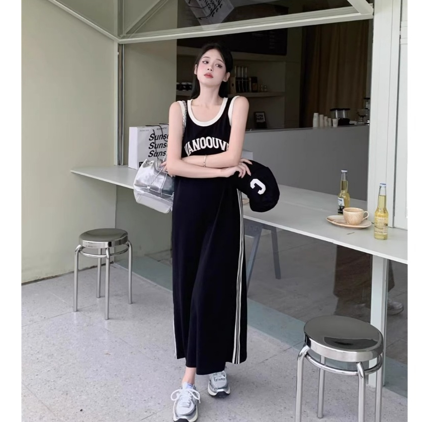Đầm suông 2 dây chất cotton bóng rổ số 86 xinh trẻ trung Váy ba lỗ số phối sọc viền  thể thao dáng dài form rộng T1258G
