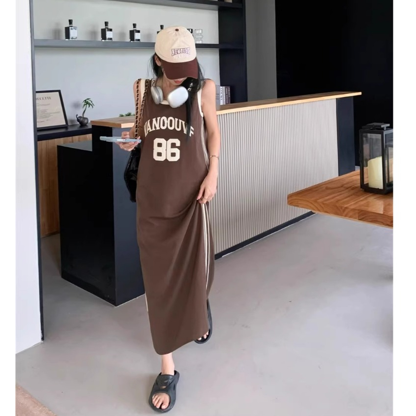 Đầm suông 2 dây chất cotton bóng rổ số 86 xinh trẻ trung Váy ba lỗ số phối sọc viền  thể thao dáng dài form rộng T1258G