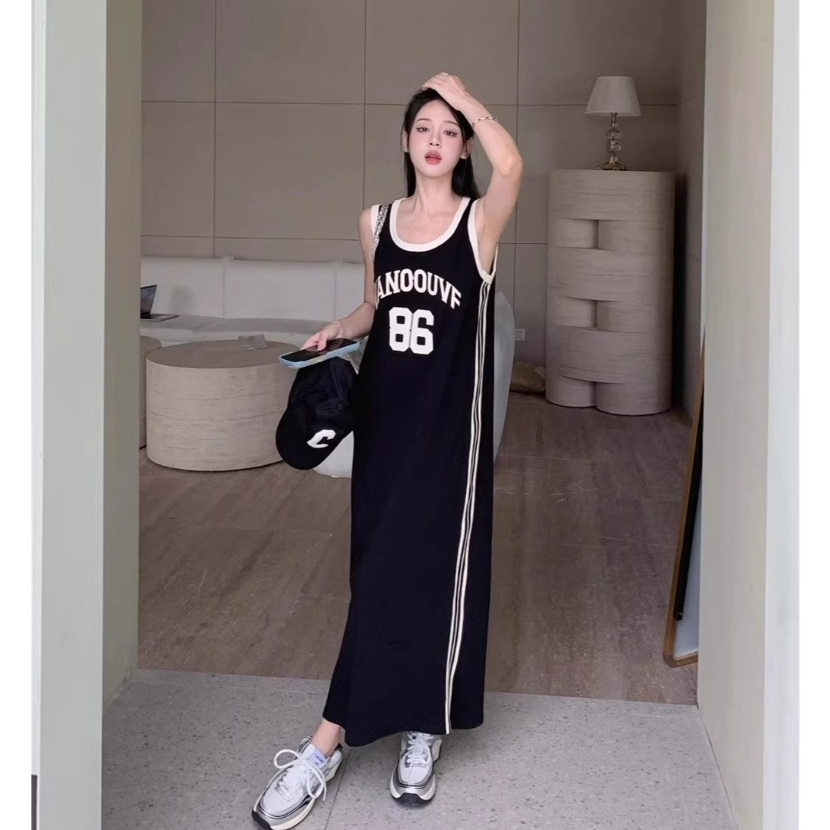 Đầm suông 2 dây chất cotton bóng rổ số 86 xinh trẻ trung Váy ba lỗ số phối sọc viền  thể thao dáng dài form rộng T1258G