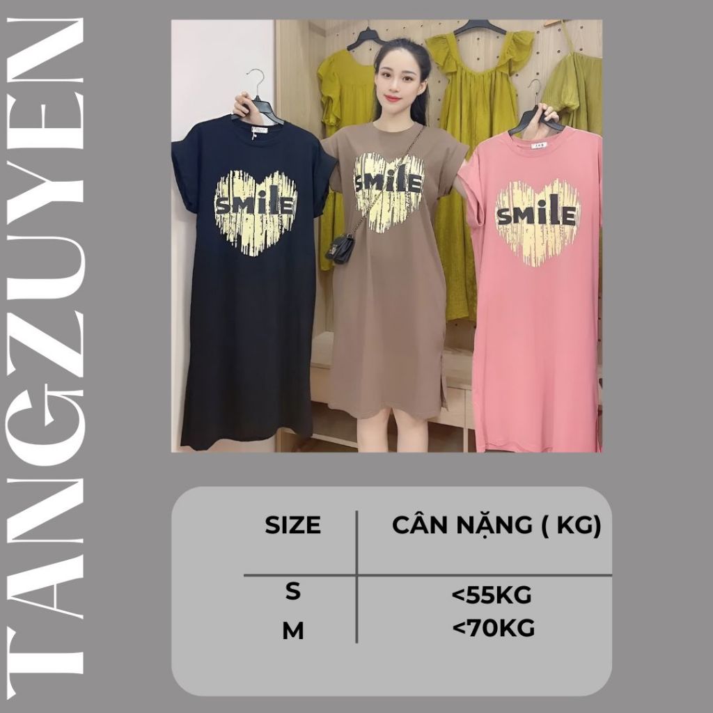 Đầm nữ Váy suông thun cotton dáng dài cộc tay dáng rộng không cổ đen be hồng họa tiết trái tim smile mặc nhà chơi T1262G