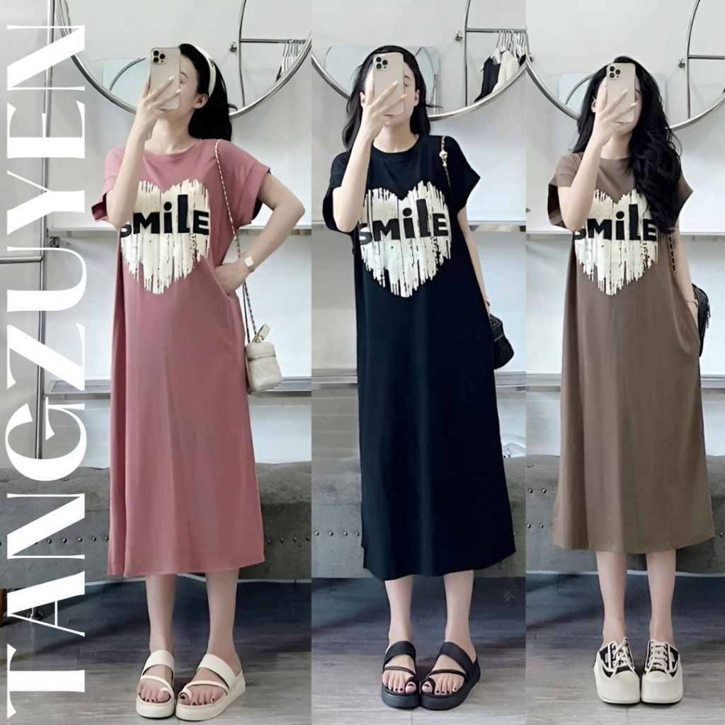 Đầm nữ Váy suông thun cotton dáng dài cộc tay dáng rộng không cổ đen be hồng họa tiết trái tim smile mặc nhà chơi T1262G