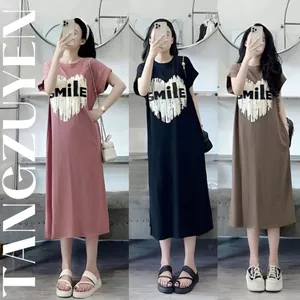 Đầm nữ Váy suông thun cotton dáng dài cộc tay dáng rộng không cổ đen be hồng họa tiết trái tim smile mặc nhà chơi T1262G