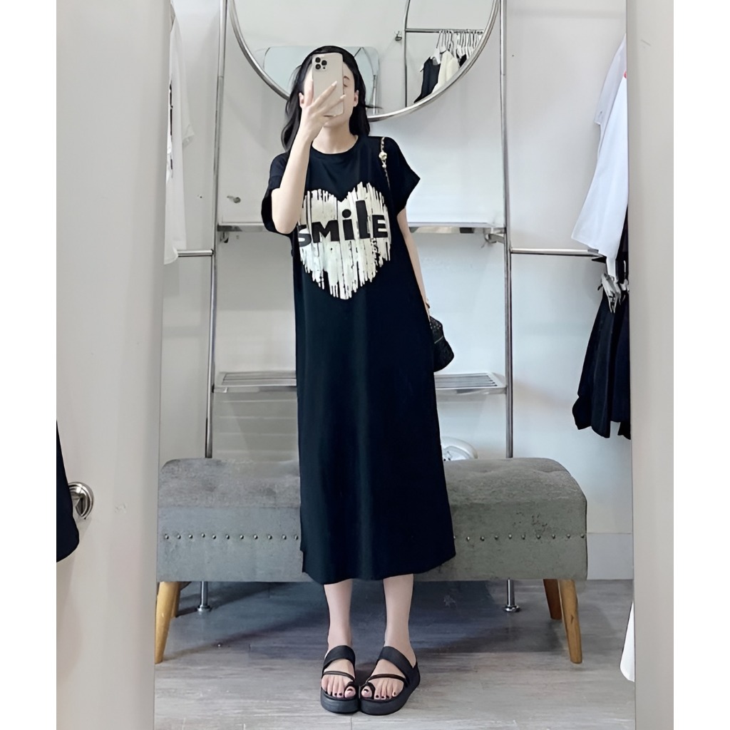 Đầm nữ Váy suông thun cotton dáng dài cộc tay dáng rộng không cổ đen be hồng họa tiết trái tim smile mặc nhà chơi T1262G