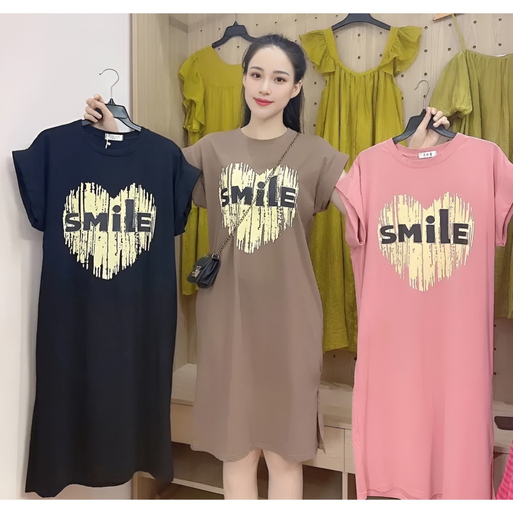 Đầm nữ Váy suông thun cotton dáng dài cộc tay dáng rộng không cổ đen be hồng họa tiết trái tim smile mặc nhà chơi T1262G