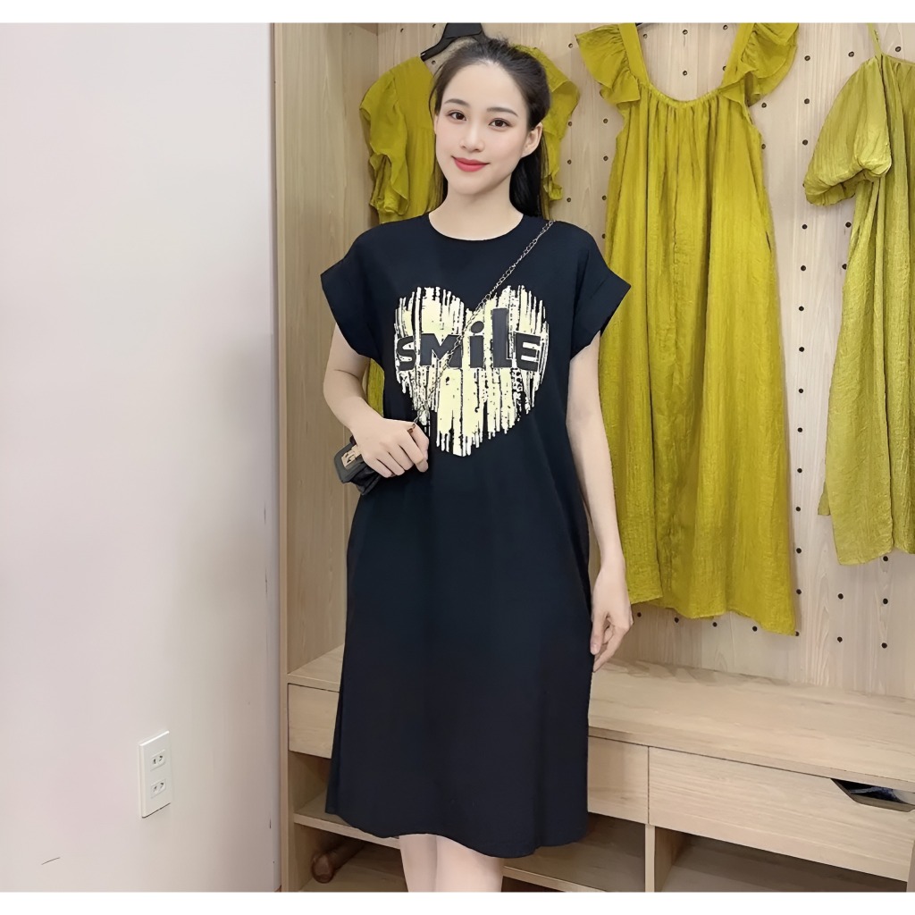 Đầm nữ Váy suông thun cotton dáng dài cộc tay dáng rộng không cổ đen be hồng họa tiết trái tim smile mặc nhà chơi T1262G