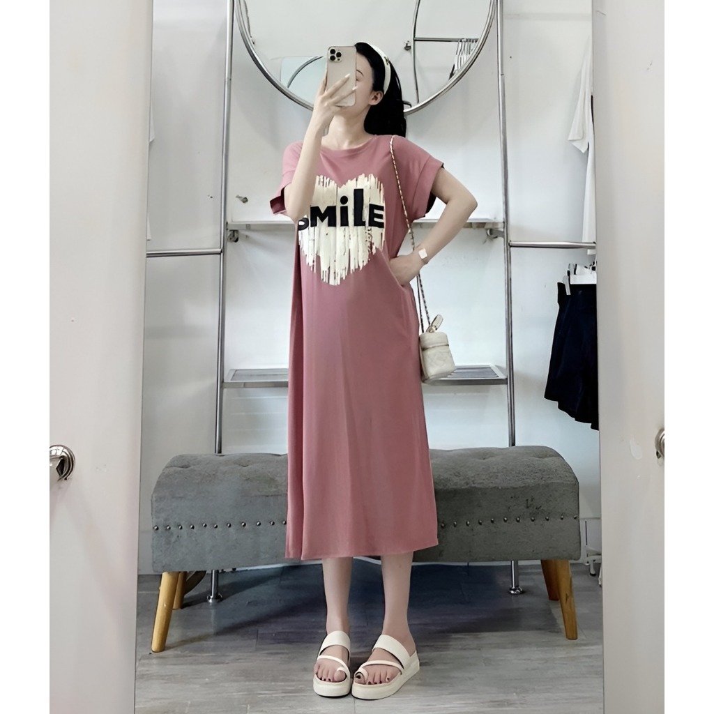 Đầm nữ Váy suông thun cotton dáng dài cộc tay dáng rộng không cổ đen be hồng họa tiết trái tim smile mặc nhà chơi T1262G