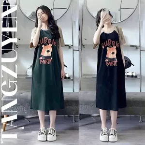 Đầm nữ chubby bigsize bầu mặc được basic xinh Váy thun dáng suông dài cộc tay không cổ raglan hoa tiết chó Shiba T1249G