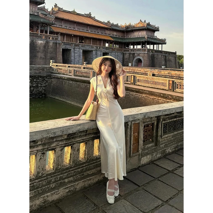 Đầm lụa dáng dài, Váy lụa dáng dài cổ V cột nơ form dài dự tiệc, Váy lụa Hàn Châu cao cấp sang chảnh tôn dáng gợi cảm