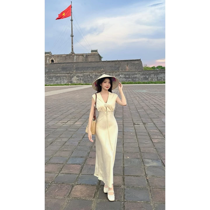 Đầm lụa dáng dài, Váy lụa dáng dài cổ V cột nơ form dài dự tiệc, Váy lụa Hàn Châu cao cấp sang chảnh tôn dáng gợi cảm