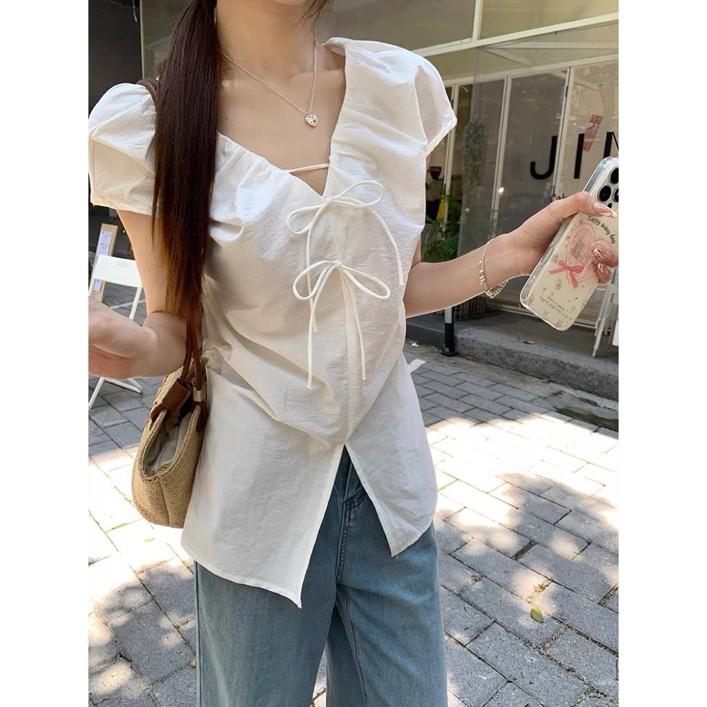 Áo sơ kiểu cổ V thắt nơ bản nhỏ thanhhuyenclothings2 - áo sơ nữ cổ V mang phong cách hàn quốc