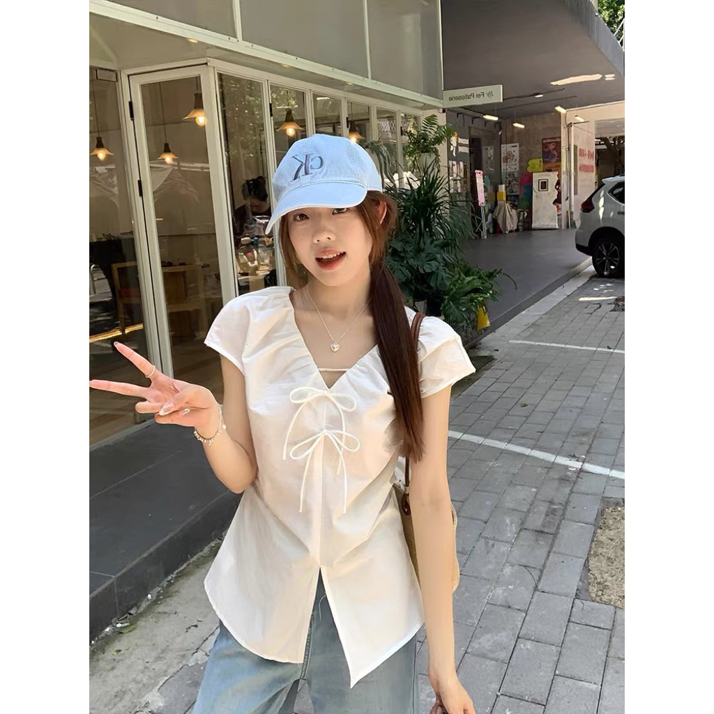 Áo sơ kiểu cổ V thắt nơ bản nhỏ thanhhuyenclothings2 - áo sơ nữ cổ V mang phong cách hàn quốc