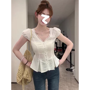 Áo sơ mi cổ V viền ren tay phồng dáng xoè Thanhhuyenclothings2 . áo sơ mi kiểu đơn giản
