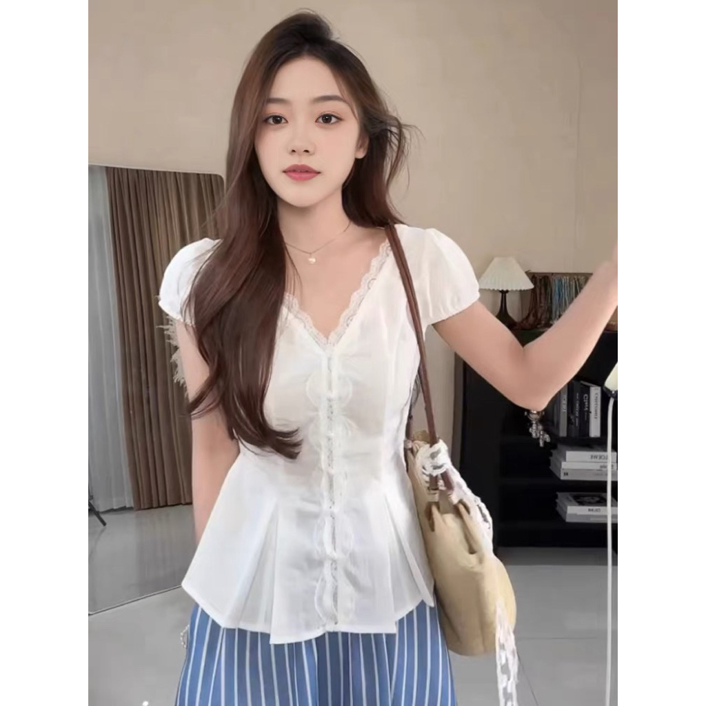 [VIDEO/ ẢNH THẬT] Áo sơ mi cổ V viền ren tay phồng dáng xoè Thanhhuyenclothings2 . áo sơ mi kiểu đơn giản