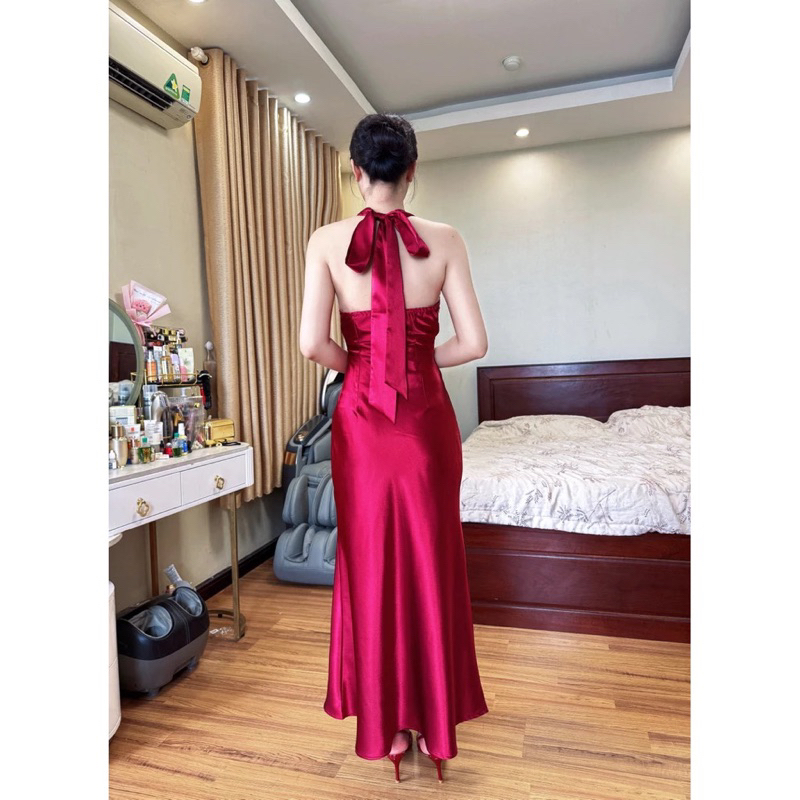 Đầm Dự Tiệc Lụa cổ yếm V xẻ sâu cột nơ đuôi cá dài quyến rũ sang trọng  3 màu - Pusu house