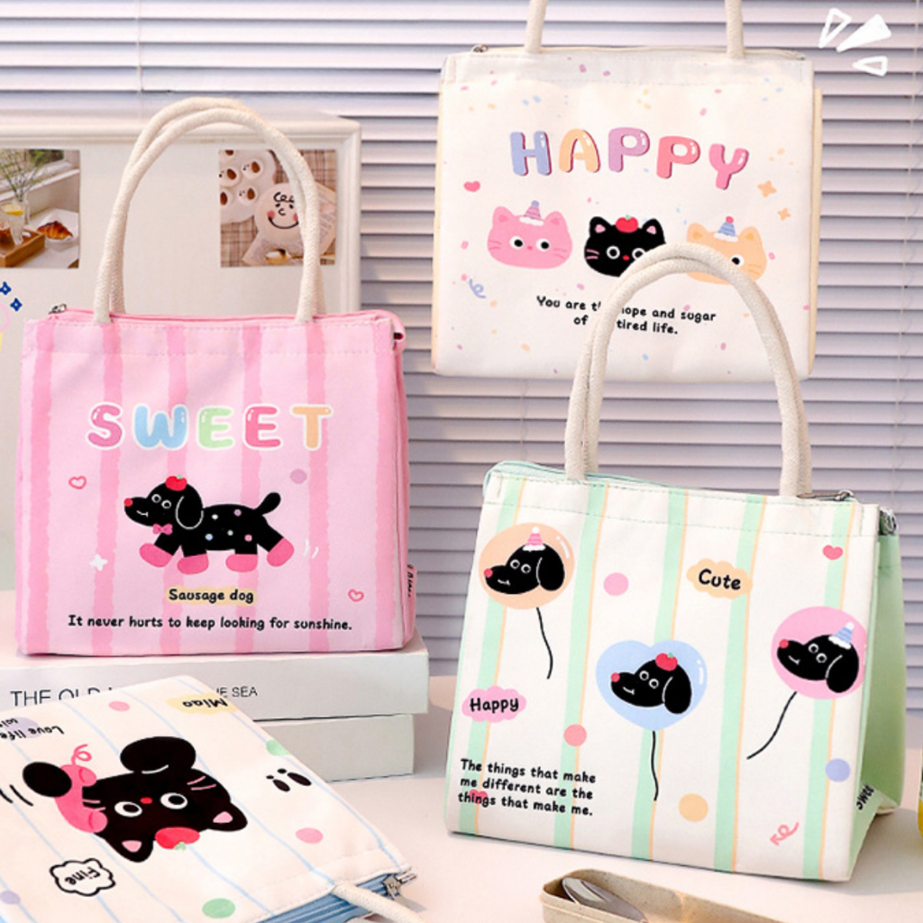 Túi Đựng Cơm Giữ Nhiệt Canvas Dễ Thương Có Quai Xách, Túi Đựng Cơm Văn Phòng, Đi Học, Picnic