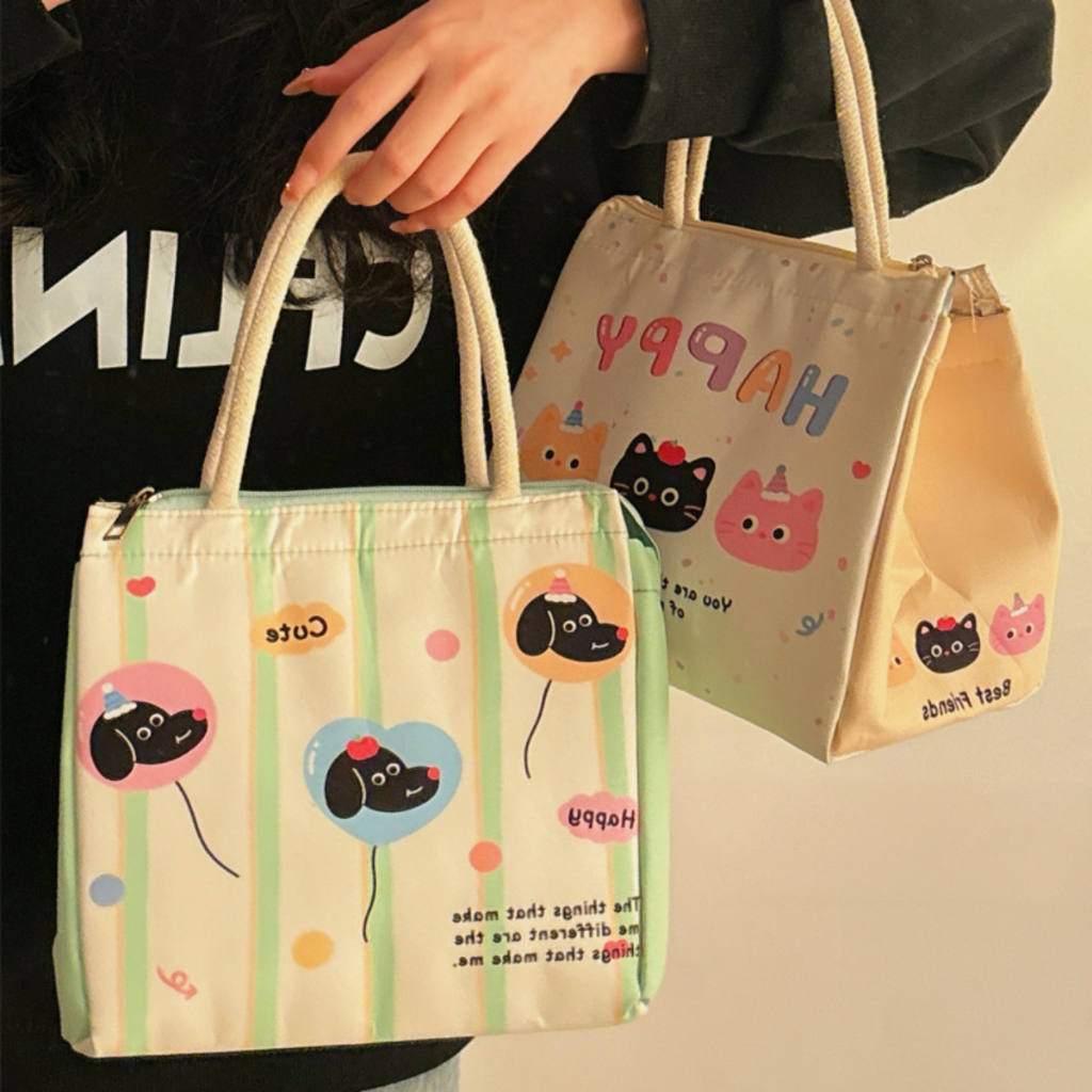 Túi Đựng Cơm Giữ Nhiệt Canvas Dễ Thương Có Quai Xách, Túi Đựng Cơm Văn Phòng, Đi Học, Picnic
