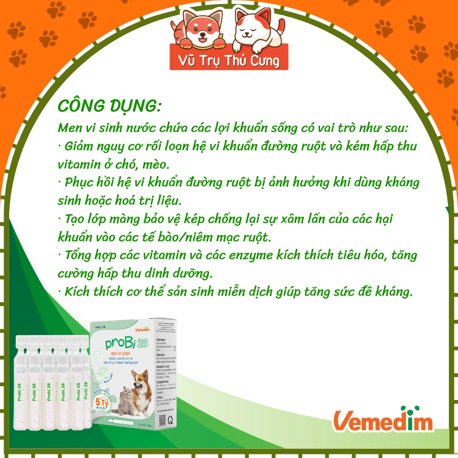 Men Vi Sinh Vemedim Cho Chó Mèo Probi 28 , Tăng Cường Hấp Thu Dinh Dưỡng 5ml