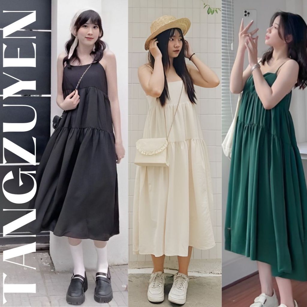 Đầm Váy 2 dây dài dáng rộng babydoll 3 tầng xòe  đi chơi đi biển xanh đen be bigsize oversize xinh trẻ trung cute T1259G