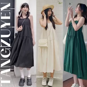 Đầm Váy 2 dây dài dáng rộng babydoll 3 tầng xòe đi chơi đi biển xanh đen be bigsize oversize xinh trẻ trung cute T1259G