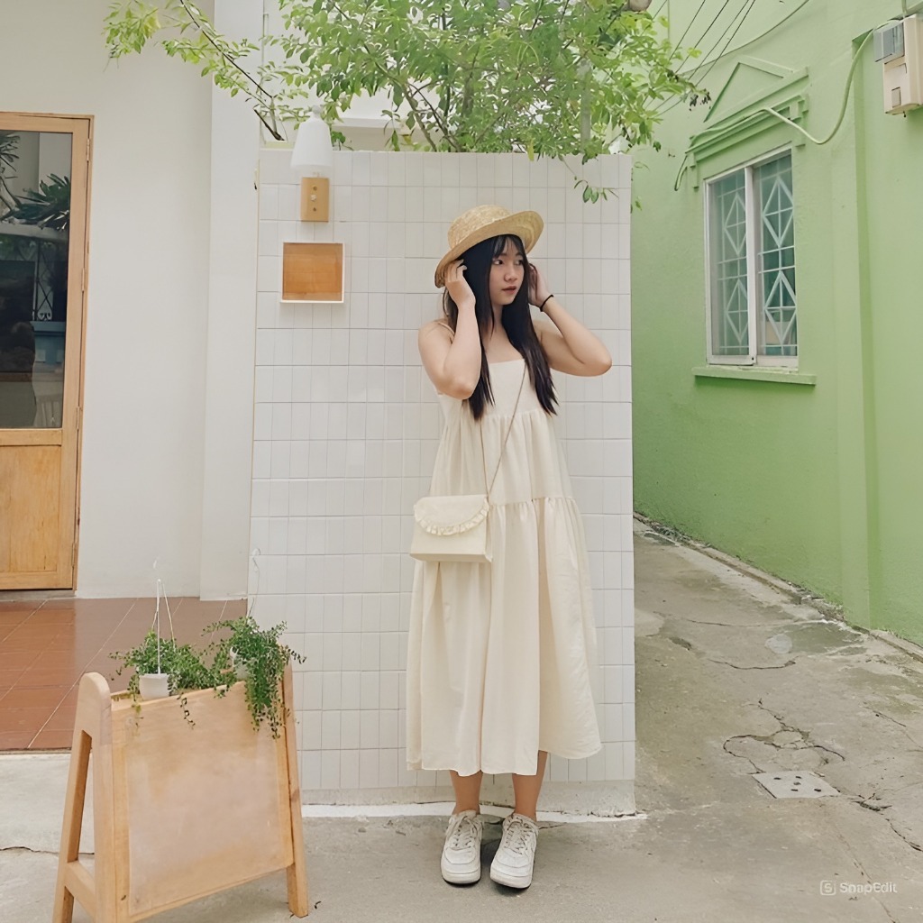 Đầm Váy 2 dây dài dáng rộng babydoll 3 tầng xòe  đi chơi đi biển xanh đen be bigsize oversize xinh trẻ trung cute T1259G