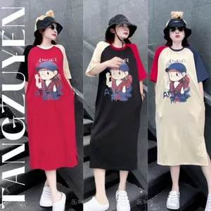 Đầm nữ form rộng Váy suông dáng dài cộc tay xẻ tà không cổ họa tiết chibi ARA chất thun cotton mặc nhà đi chơi T1255G