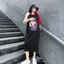Đầm nữ form rộng Váy suông dáng dài cộc tay xẻ tà không cổ họa tiết chibi ARA chất thun cotton mặc nhà đi chơi T1255G