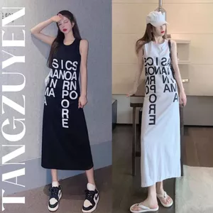Đầm nữ suông Váy sát nách dáng dài họa tiết chữ đen trắng basic form rộng thun cotton basic đơn giản xinh trẻ T1212G