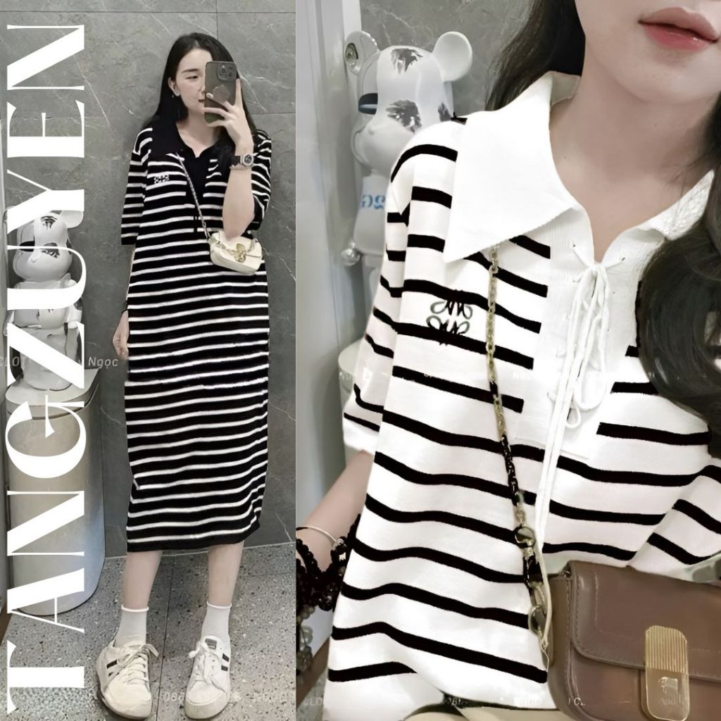 Đầm nữ suông Váy polo cổ buộc dây kẻ ngang trắng đen dáng dài basic form rộng cộc tay  bigsize bầu mặc được xinh T1210G