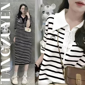 Đầm nữ suông Váy polo cổ buộc dây kẻ ngang trắng đen dáng dài basic form rộng cộc tay bigsize bầu mặc được xinh T1210G