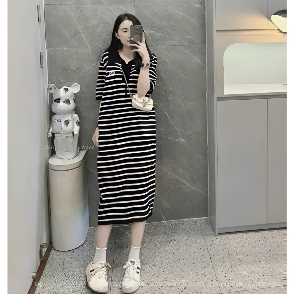 Đầm nữ suông Váy polo cổ buộc dây kẻ ngang trắng đen dáng dài basic form rộng cộc tay  bigsize bầu mặc được xinh T1210G