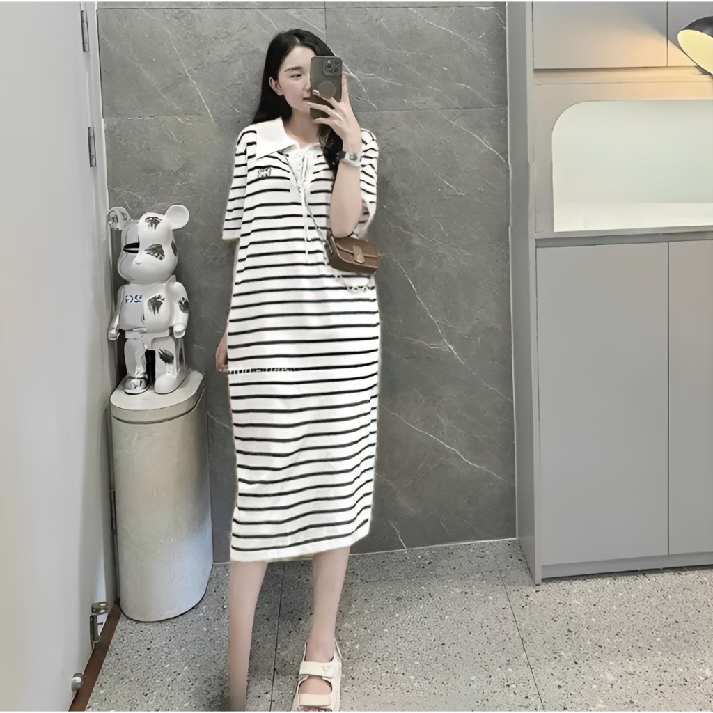 Đầm nữ suông Váy polo cổ buộc dây kẻ ngang trắng đen dáng dài basic form rộng cộc tay  bigsize bầu mặc được xinh T1210G