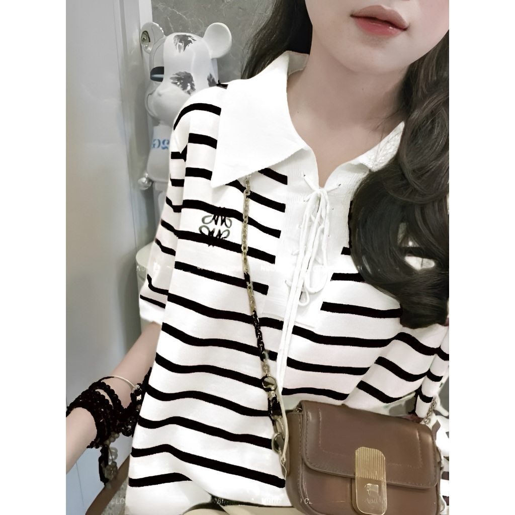 Đầm nữ suông Váy polo cổ buộc dây kẻ ngang trắng đen dáng dài basic form rộng cộc tay  bigsize bầu mặc được xinh T1210G