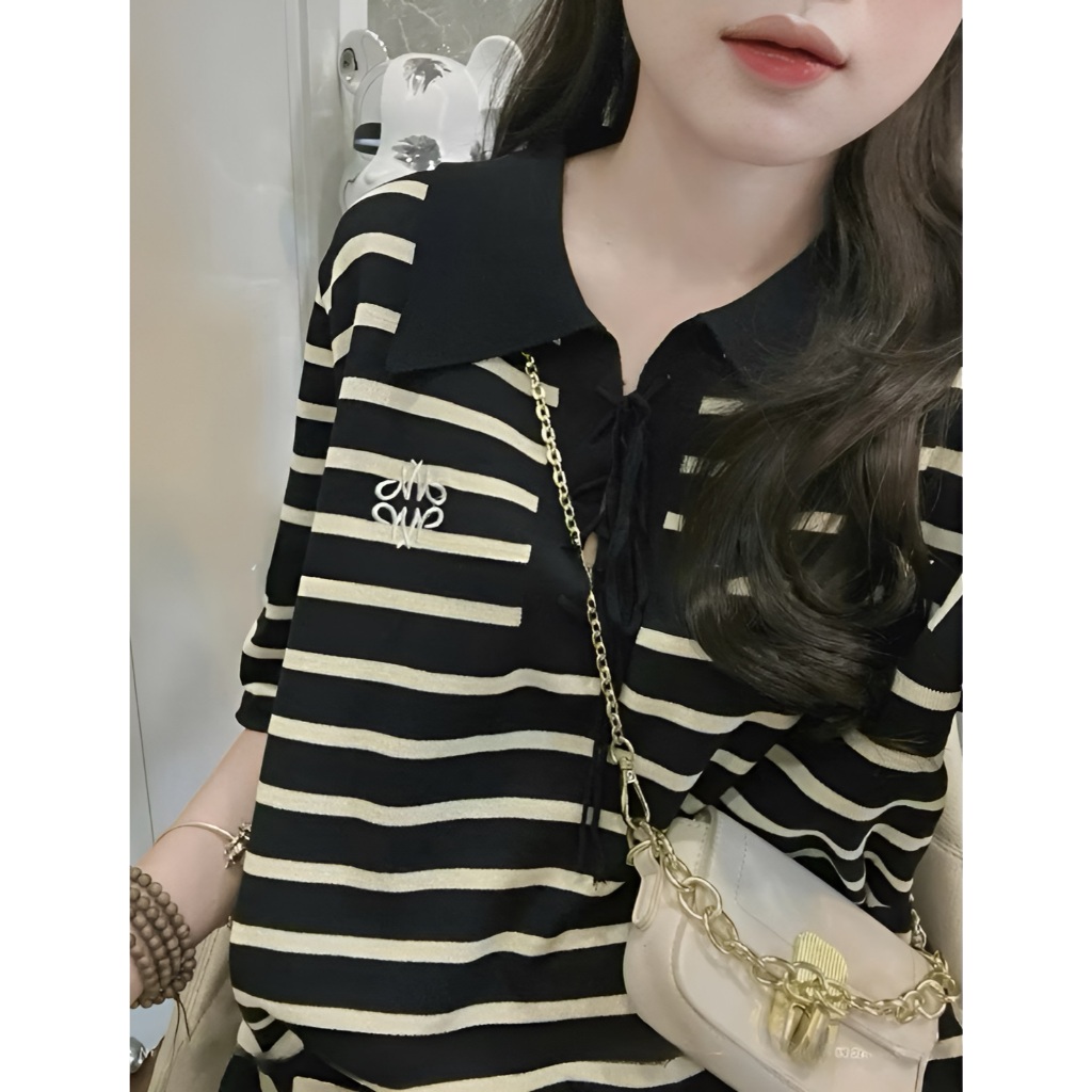 Đầm nữ suông Váy polo cổ buộc dây kẻ ngang trắng đen dáng dài basic form rộng cộc tay  bigsize bầu mặc được xinh T1210G