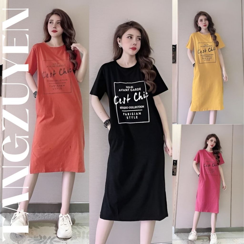 Đầm thun nữVáy suông không cổ cộc tay dáng dài form rộng xẻ tà họa tiết chữ nhiều màu bigsize bầu mặc được xinh T1214G