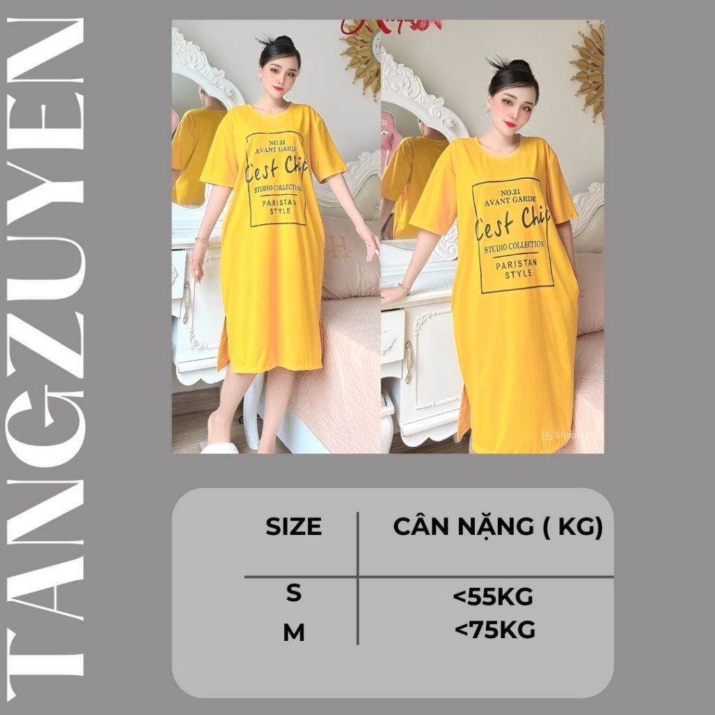 Đầm thun nữVáy suông không cổ cộc tay dáng dài form rộng xẻ tà họa tiết chữ nhiều màu bigsize bầu mặc được xinh T1214G