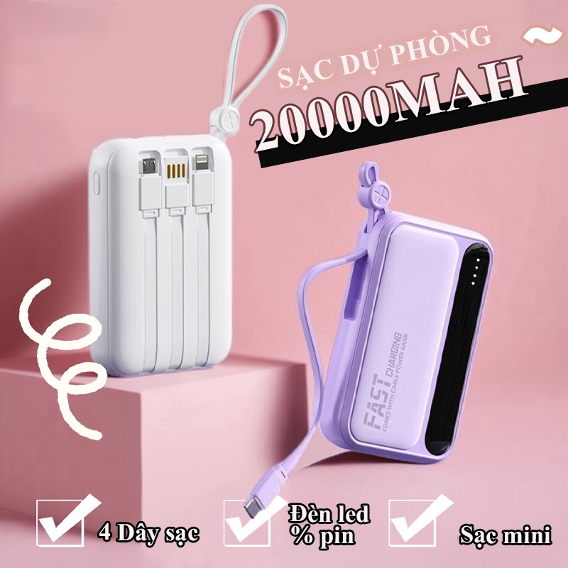 Bộ sạc nhanh combo dây sạc 20000mAh tích hợp 4 dây sạc tiện lợi sạc cùng lúc nhiều thiết bị nhỏ gọn tiện lợi