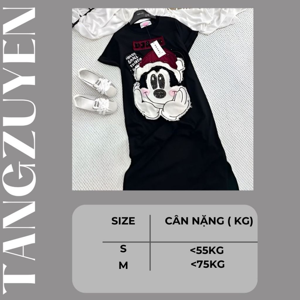 Đầm nữ Váy thun suông không cổ dáng dài form rộngcộc tay  họa tiết chuột Mickey đội mũ Noel bigsize bầu mặc được T1273G
