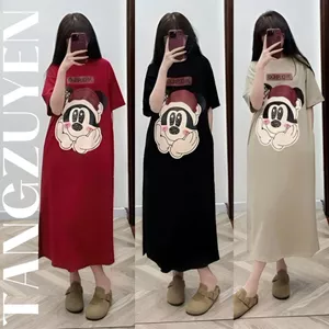 Đầm nữ Váy thun suông không cổ dáng dài form rộngcộc tay họa tiết chuột Mickey đội mũ Noel bigsize bầu mặc được T1273G