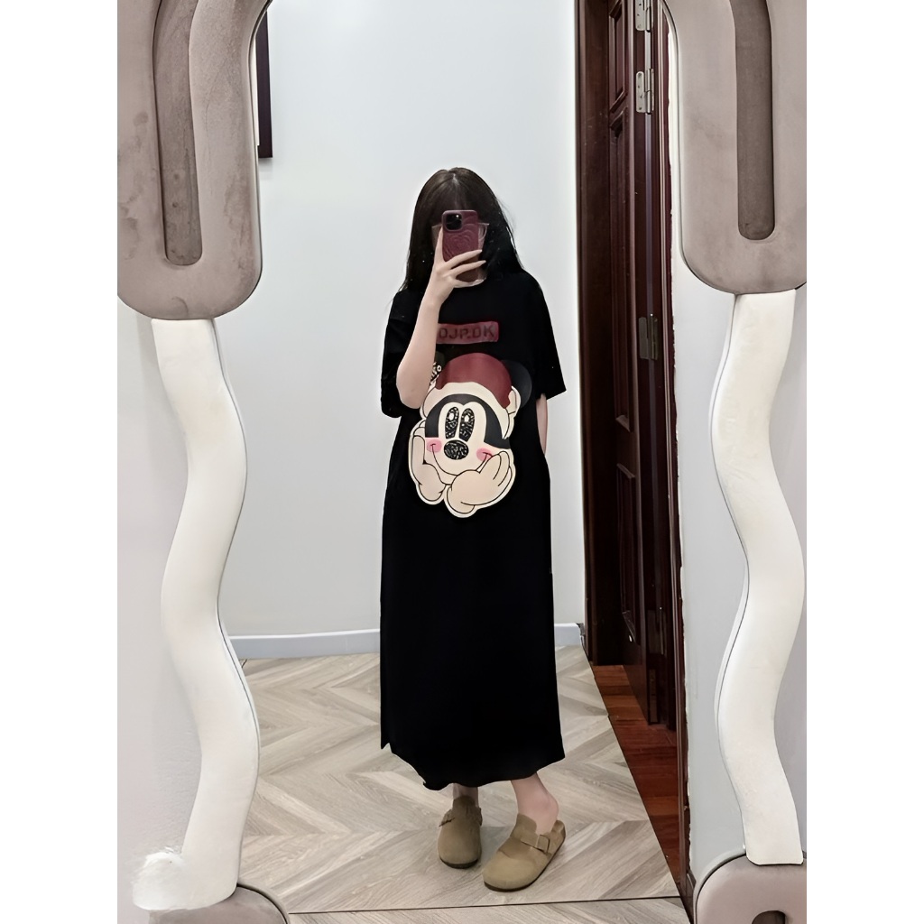 Đầm nữ Váy thun suông không cổ dáng dài form rộngcộc tay  họa tiết chuột Mickey đội mũ Noel bigsize bầu mặc được T1273G