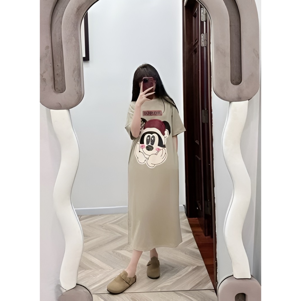 Đầm nữ Váy thun suông không cổ dáng dài form rộngcộc tay  họa tiết chuột Mickey đội mũ Noel bigsize bầu mặc được T1273G