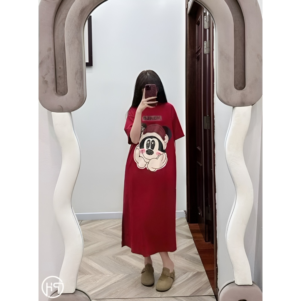 Đầm nữ Váy thun suông không cổ dáng dài form rộngcộc tay  họa tiết chuột Mickey đội mũ Noel bigsize bầu mặc được T1273G