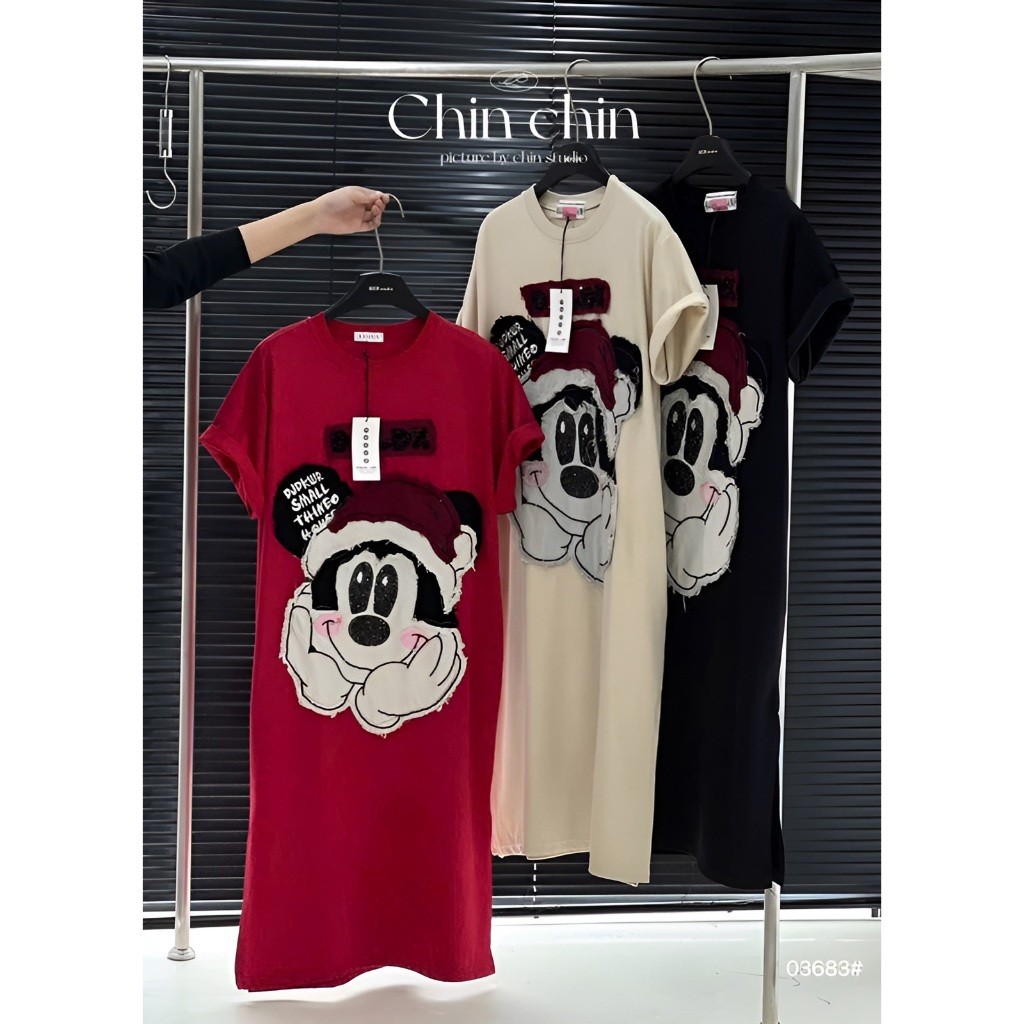 Đầm nữ Váy thun suông không cổ dáng dài form rộngcộc tay  họa tiết chuột Mickey đội mũ Noel bigsize bầu mặc được T1273G