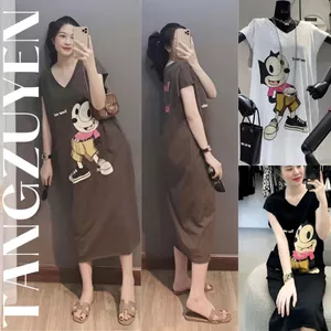 Đầm nữ Váy suông cổ tim in họa tiết 2 mặt cộc tay dáng dài xẻ tà form rộng bigsize mặc nhà đi chơi thun cotton T1275G