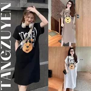 Đầm nữ Váy suông thun cotton cộc tay không cổ dáng dài xẻ tà họa tiết Gấu Pool đen trắng nâu chubby bigsize bầu T1215G