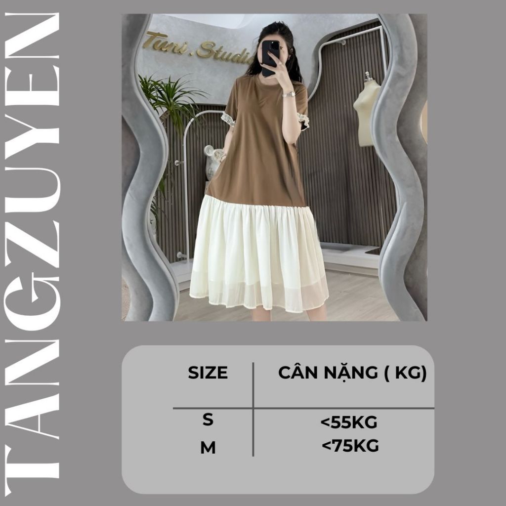 Đầm nữ Váy đuôi cá dáng dài cotton cộc tay phối bèo voan không cổ form rộng chubby bigsize bầu mặc được trẻ xinh T1245G
